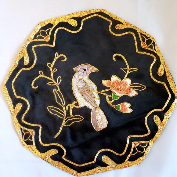 Vintage Chinese Hand Embroidered Octagonal Black & Gold Silk Mat Bird, 8.5" - Picture 1 of 4